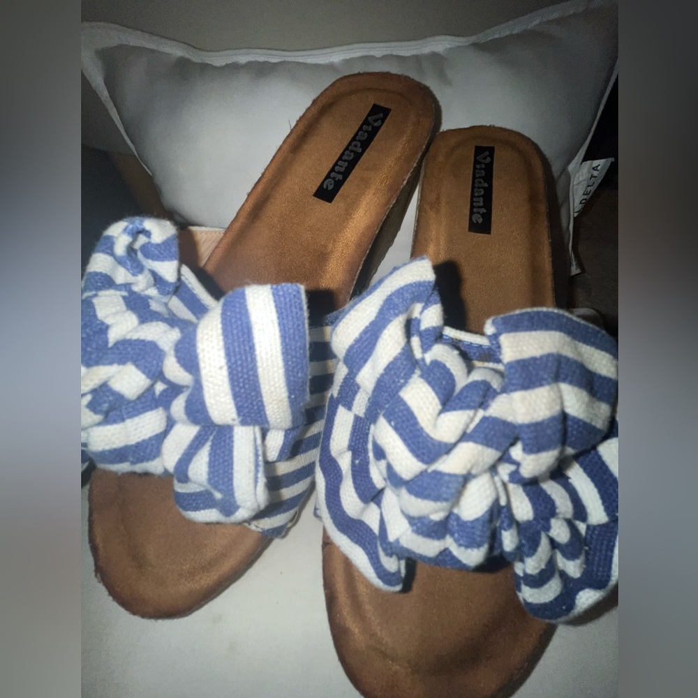Women's Blue & White Striped Knot Slide Platform Sandals from Italy